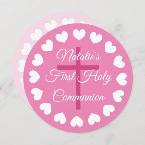 Elegant pink girls first holy communion religious invitation