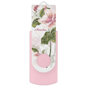Elegant Pink Girly Floral Personalized Flash Drive