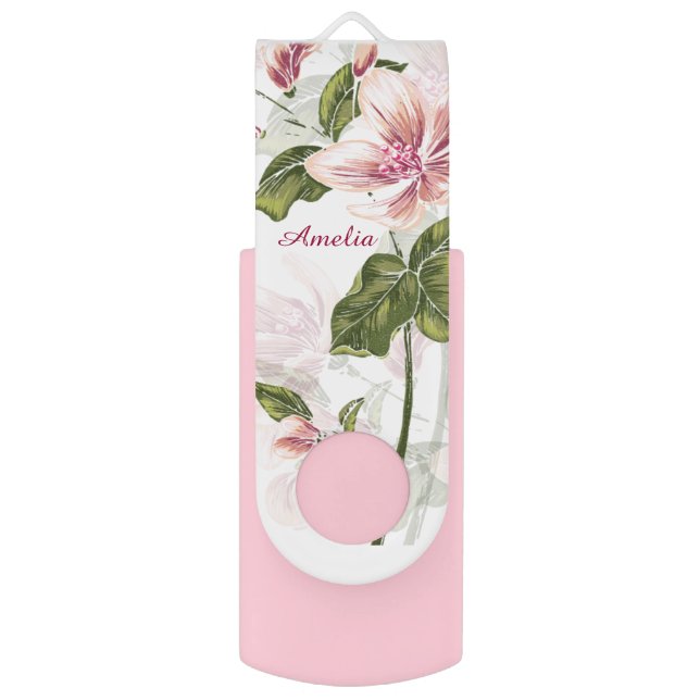 Elegant Pink Girly Floral Personalized Flash Drive (Front Vertical)