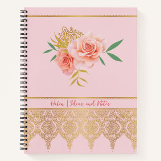 Elegant Pink Girly Floral Rose and Gold Bouquet Notebook