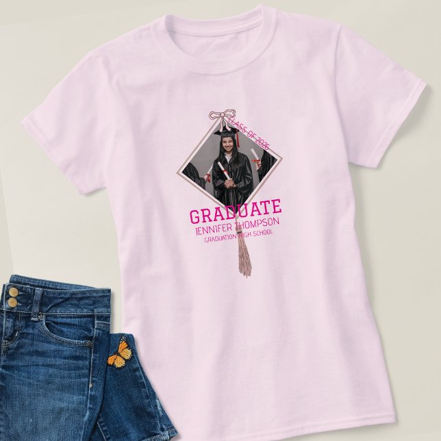 Elegant Pink Girly Graduate Photo School Name T-Shirt (Creator Uploaded)