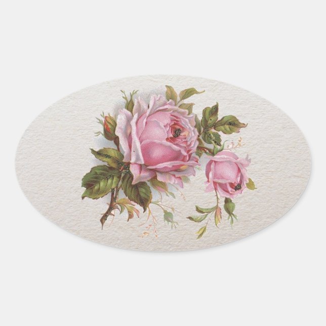 Elegant Pink Girly Vintage Cute Rose Oval Sticker (Front)