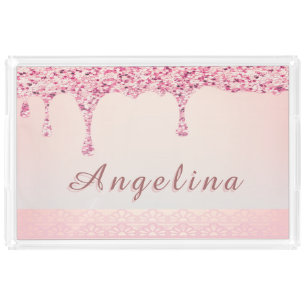 Elegant Pink Glam Glitter Drip Acrylic Tray