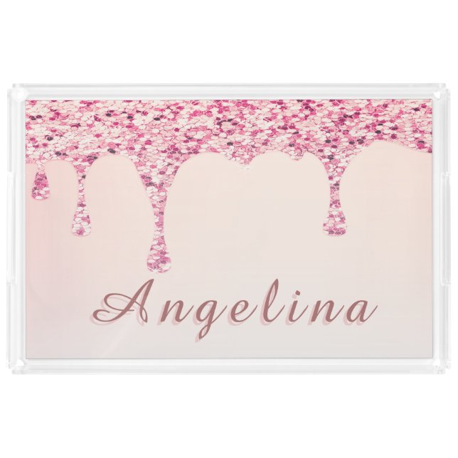 Elegant Pink Glam Glitter Drip Acrylic Tray (Front)