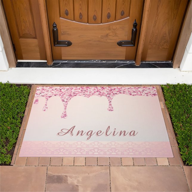 Elegant Pink Glam Glitter Drip  Doormat (Outdoor)