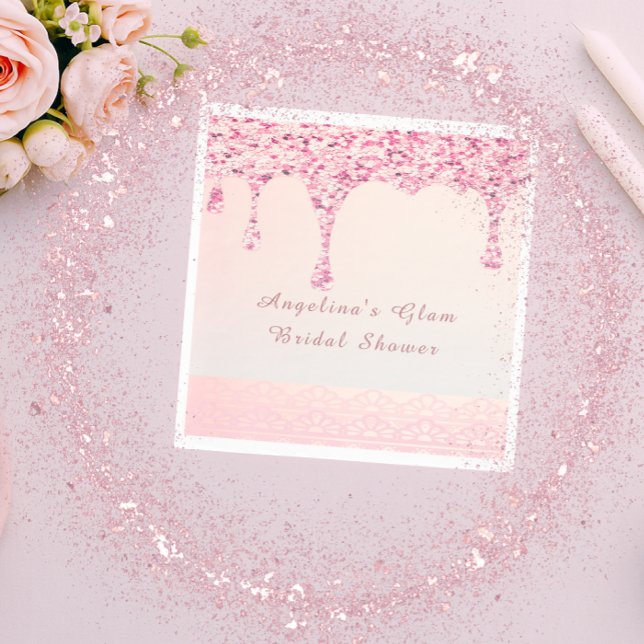 Elegant Pink Glam Glitter Drip Lace Bridal Shower  Napkins (Glam pink glitter drip napkin with lace and custom name for a modern bridal shower.)