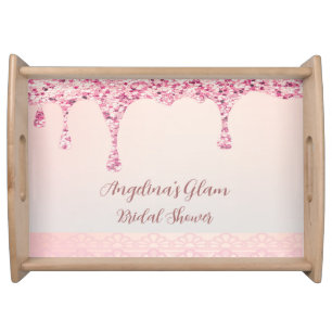 Elegant Pink Glam Glitter Drip Lace Bridal Shower Serving Tray