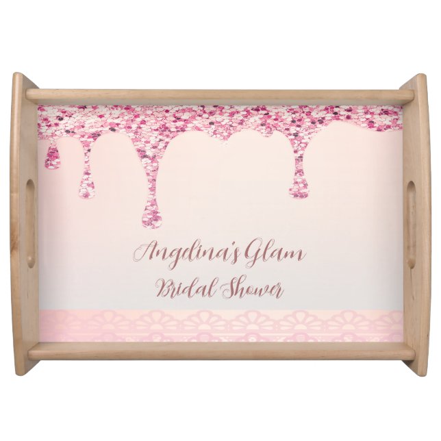 Elegant Pink Glam Glitter Drip Lace Bridal Shower Serving Tray (Front)