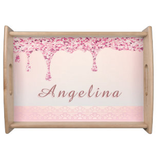 Elegant Pink Glam Glitter Drip Lace Bridal Shower Serving Tray