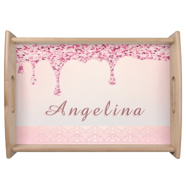 Elegant Pink Glam Glitter Drip Lace Bridal Shower Serving Tray (Front)