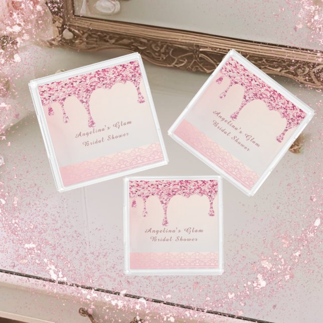 Elegant Pink Glam Glitter Drip Lace Vanity Tray  (A luxe glitter drip lace vanity tray made for the bride — perfect for bridal showers or suite decor.)