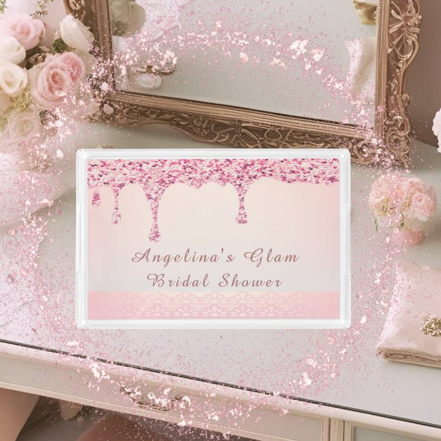 Elegant Pink Glam Glitter Drip Lace Vanity Tray  (A luxe glitter drip lace vanity tray made for the bride — perfect for bridal showers or suite decor.)