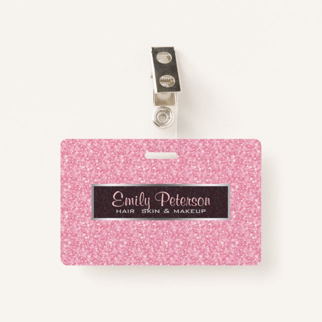 Elegant Pink Glitter And Black Silver Accents Badge (Front with Clip)