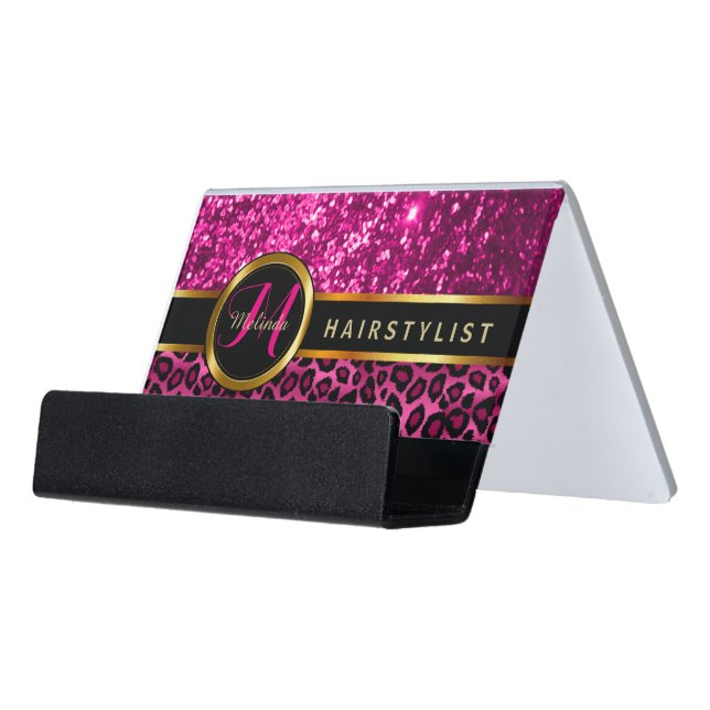 Elegant Pink Glitter and Leopard Skin Desk Business Card Holder (Angled Front)
