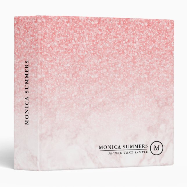 Elegant pink glitter and rose-gold marble ombre 3 ring binder (Front/Spine)