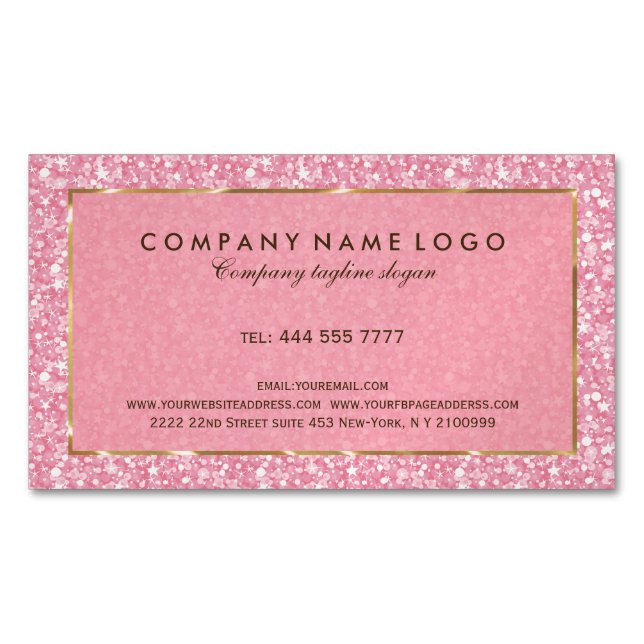 Elegant Pink Glitter And Sparkles Gold Accents Business Card Magnet (Front)