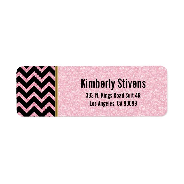 Elegant Pink Glitter Black Chevron Gold Accents La Label (Front)