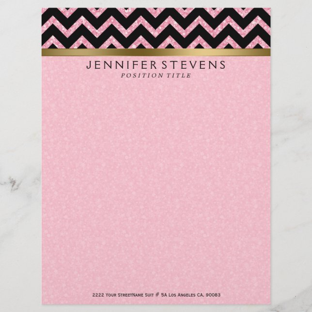 Elegant Pink Glitter Black Chevron Gold Accents Letterhead (Front)