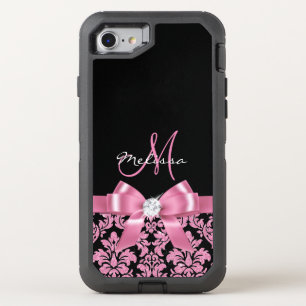 Elegant, Pink glitter Black Damask, Bow, Monogram OtterBox Defender iPhone SE/8/7 Case