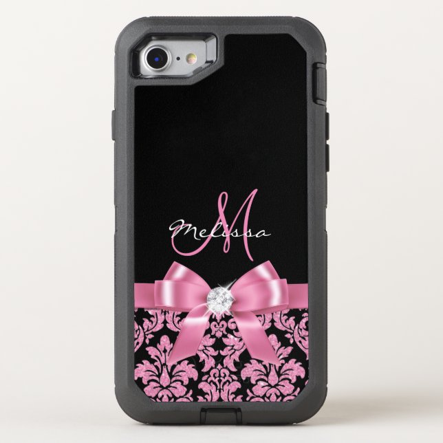 Elegant, Pink glitter Black Damask, Bow, Monogram Otterbox iPhone Case (Back)