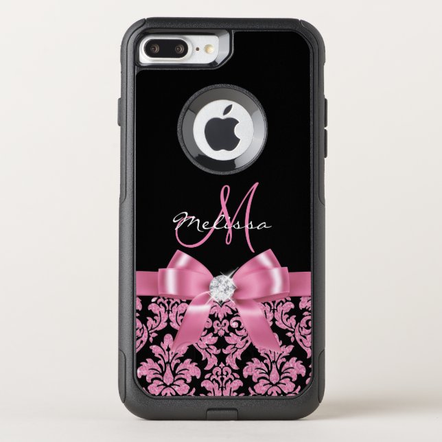 Elegant, Pink glitter Black Damask, Bow, Monogram Otterbox iPhone Case (Back)
