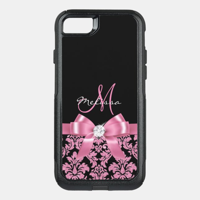 Elegant, Pink glitter Black Damask, Bow, Monogram Otterbox iPhone Case (Back)