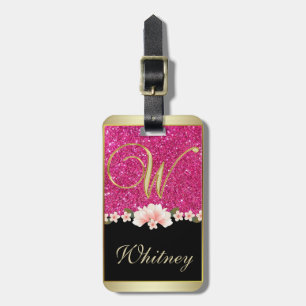 ELEGANT PINK GLITTER BLACK TEAL FLORAL MONOGRAM W LUGGAGE TAG
