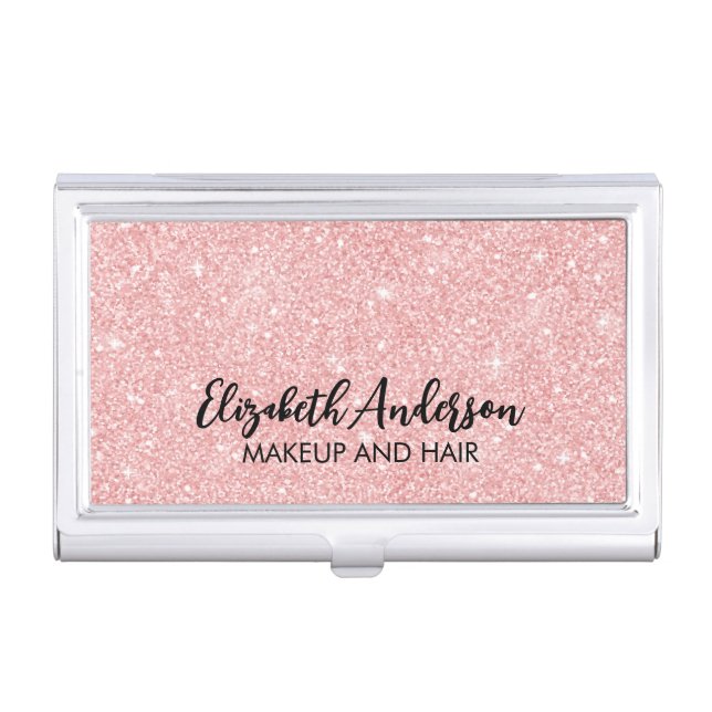 Elegant Pink Glitter Business Card Holder (Front)