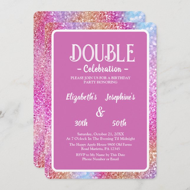 Elegant Pink Glitter Double Birthday Celebration Invitation (Front/Back)