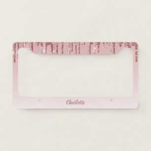 Elegant Pink Glitter Drip Monogram License Plate Frame