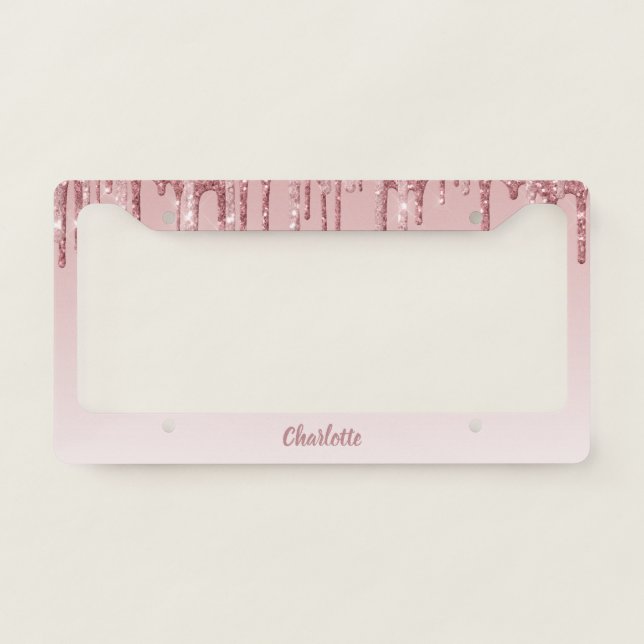 Elegant Pink Glitter Drip Monogram License Plate Frame (Front)
