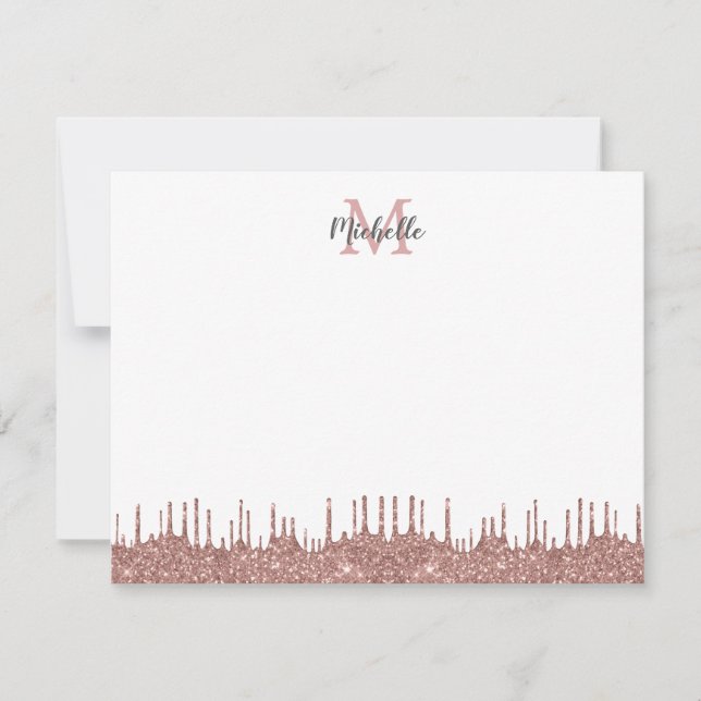 Elegant Pink Glitter Drips Name Monogrammed Note Card (Front)