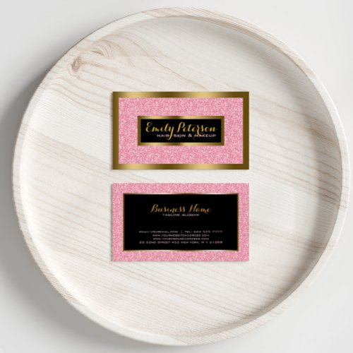 Elegant Pink Glitter Gold &amp; Black Accents Business Card Templates