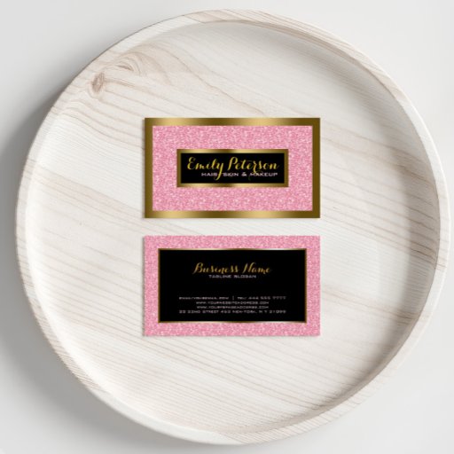 Customizable Elegant Pink Glitter Gold &amp; Black Accents Business Card Templates