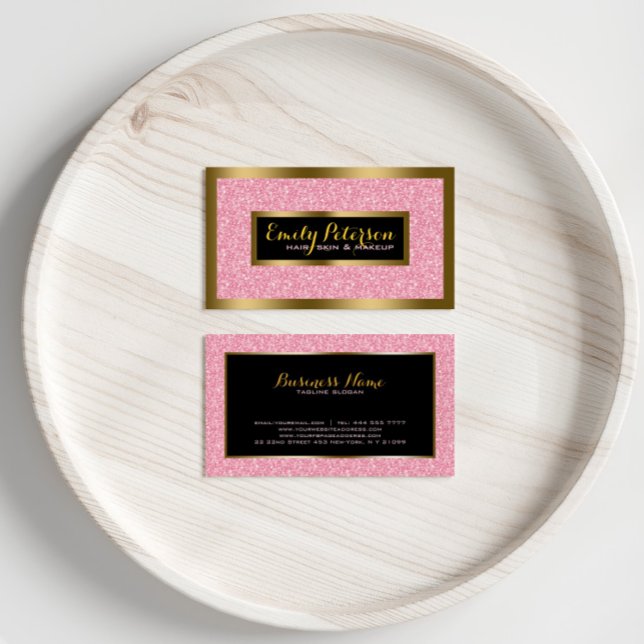 Elegant Pink Glitter Gold & Black Accents Business Card (Creator Uploaded)