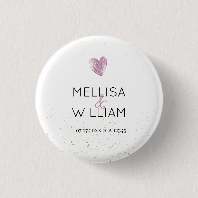 Elegant Pink Glitter Heart Custom Couple Name Date Button (Front)