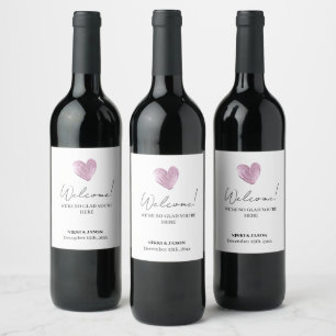 Elegant Pink Glitter Heart Minimal Wedding Welcome Wine Label
