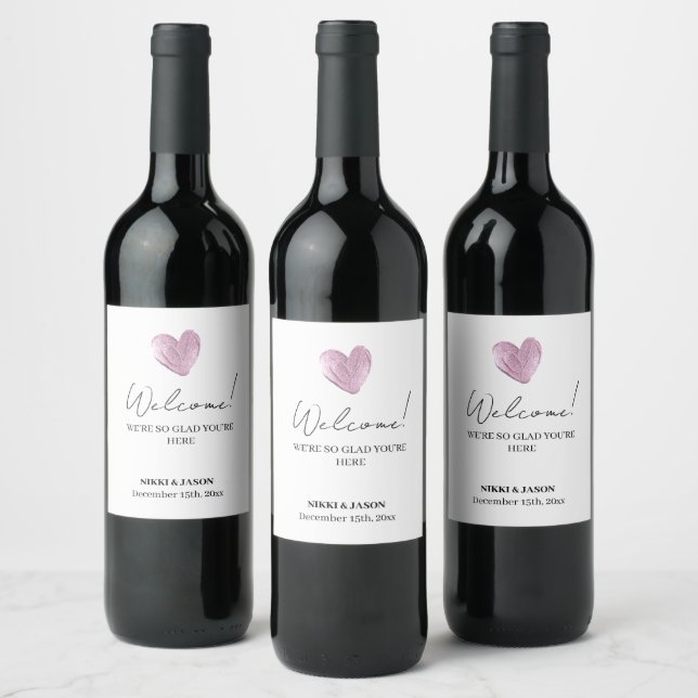 Elegant Pink Glitter Heart Minimal Wedding Welcome Wine Label (Bottles)