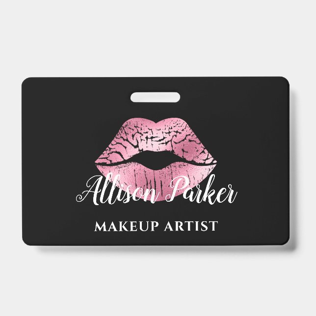 Elegant Pink Glitter Kiss Makeup Artist  Badge (Front)
