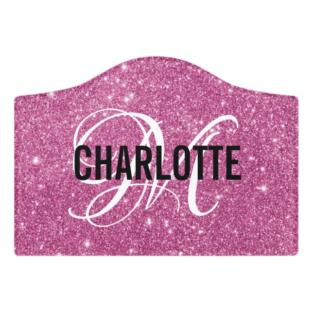 Elegant pink glitter monogram name  door sign (Small Crest Front)