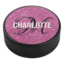 Elegant pink glitter monogram name hockey puck