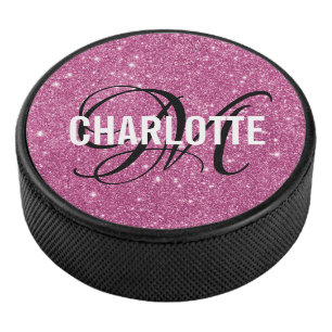Elegant pink glitter monogram name hockey puck