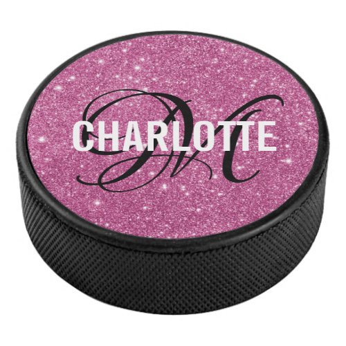 Elegant pink glitter monogram name hockey puck