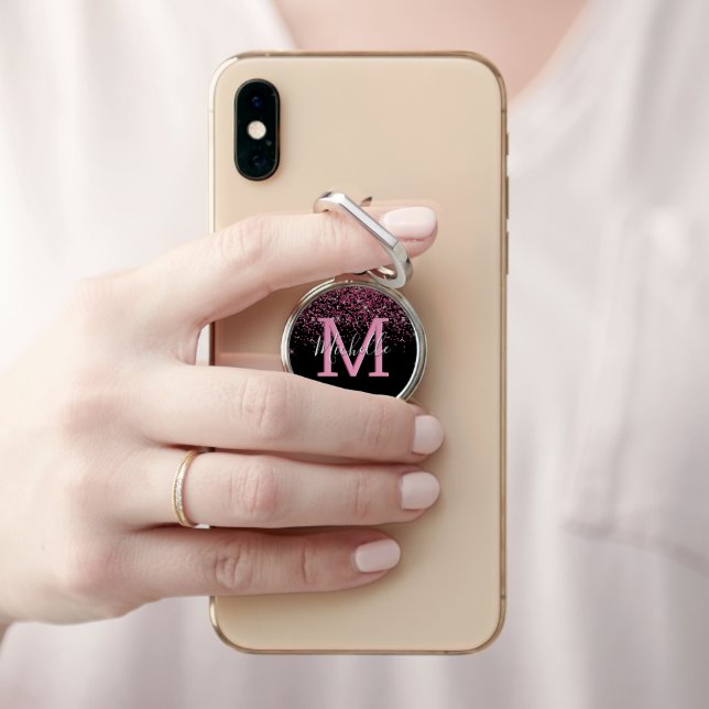 Elegant Pink Glitter Monogram Name Phone Ring Stand (In Situ)