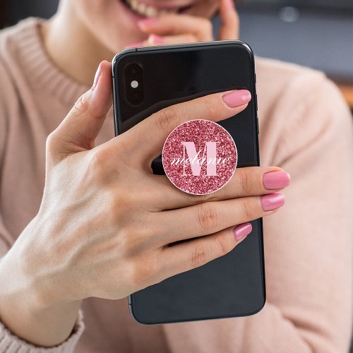 Elegant Pink Glitter Personalized Monogram Script PopSocket