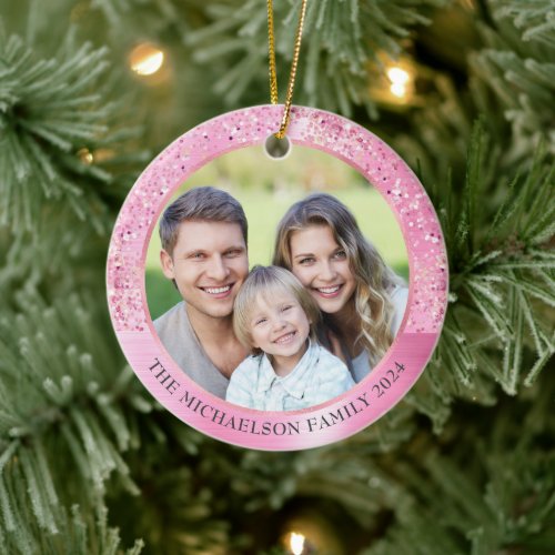 Elegant Pink Glitter Photo Metallic Christmas Ceramic Ornament