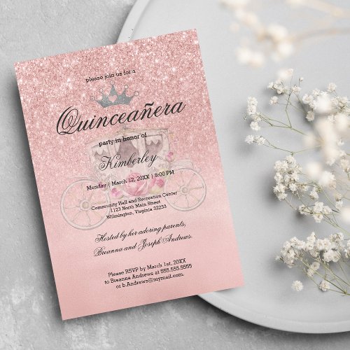 Elegant Pink Glitter Princess Carriage Quinceaera Invitation