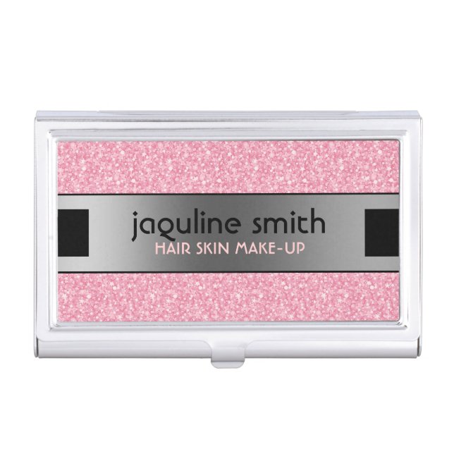 Elegant Pink Glitter Silver & Black Accents Business Card Case (Front)