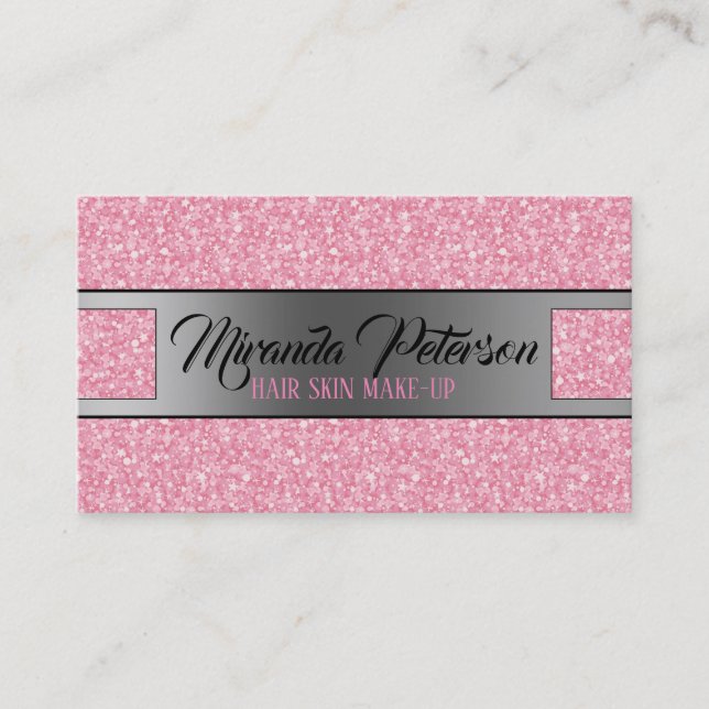 Elegant Pink Glitter Silver Stripe Business Card (Front)