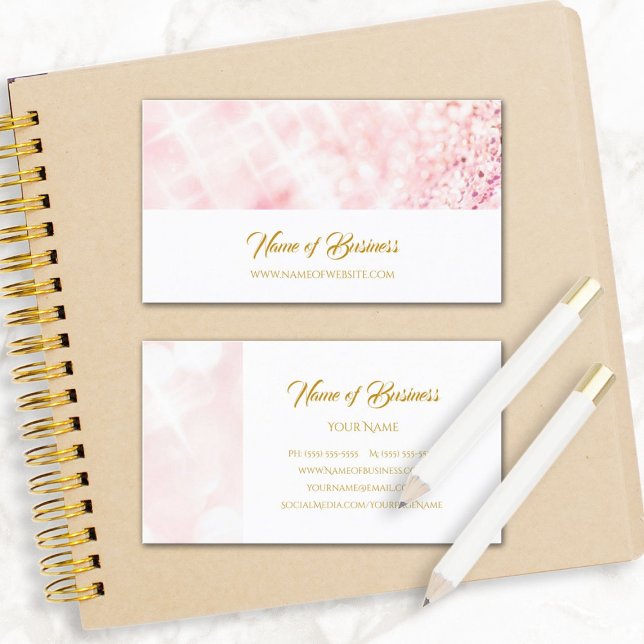 Elegant Pink Glitter Sparkle Bokeh Gold Script Business Card (Elegant Pink Glitter Sparkle Bokeh Gold Script Business Cards)
